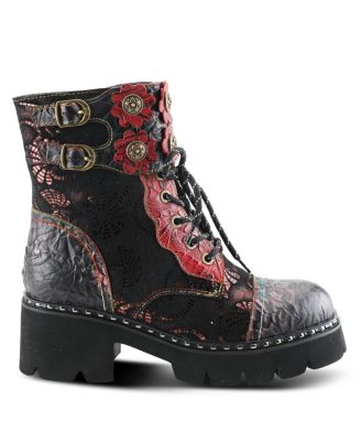 L Artiste Women s LIMITLESS Leather Combat Boot with Floral Cutouts, Stud Accents & Rainbow Stitching Booties