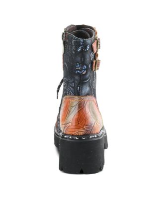 L Artiste Women s LIMITLESS Leather Combat Boot with Floral Cutouts, Stud Accents & Rainbow Stitching Booties