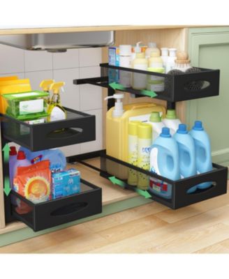 2 Pack 2 Tier Pull out Cabinet Organizer Baskets with Mesh，Black+White