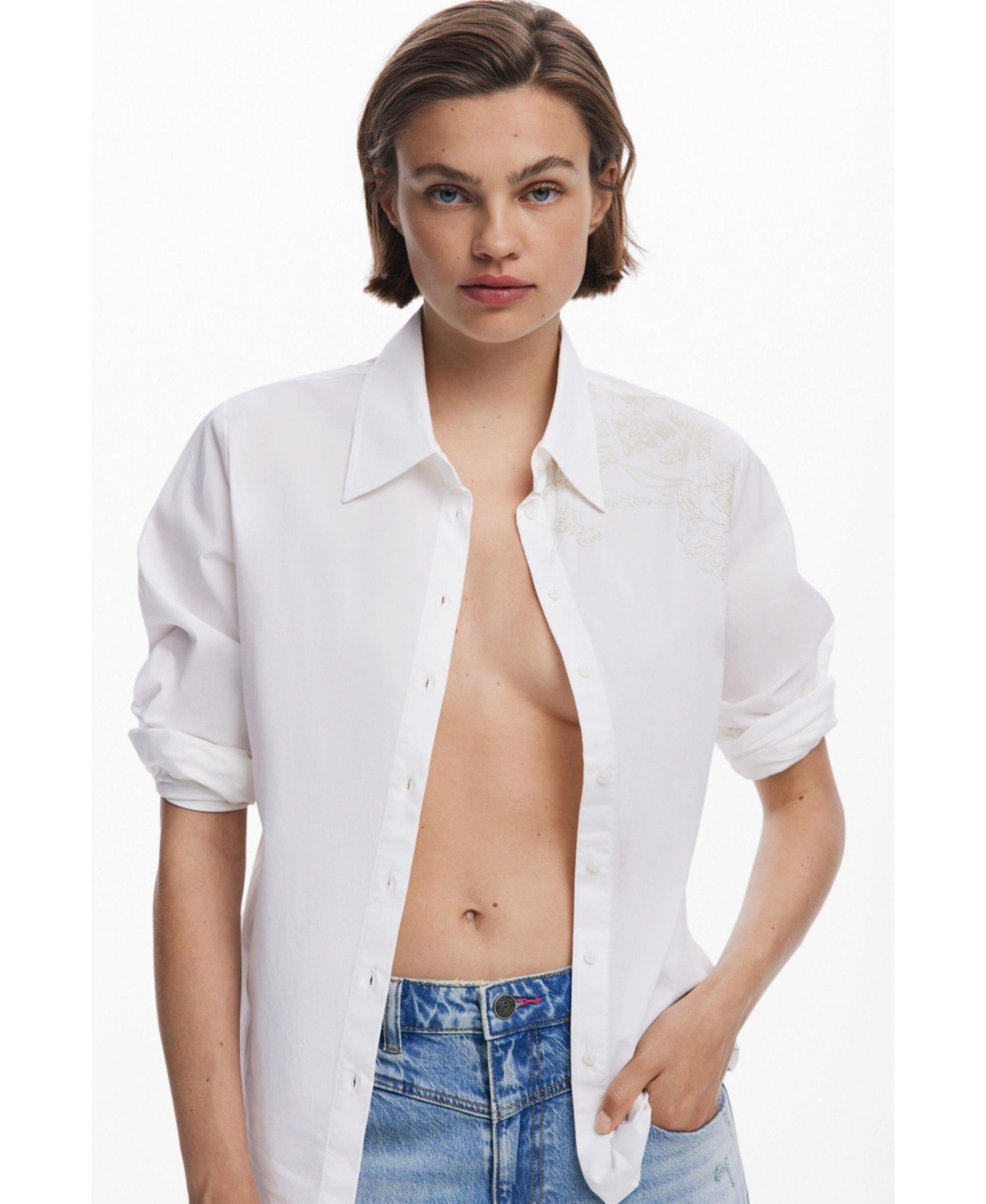 Desigual Embroidered Long Sleeve Stretch Cotton Button-up Shirt In White