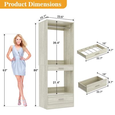 Closet System Organizer with Hanging Area, Freestanding Wooden Closet with Drawers