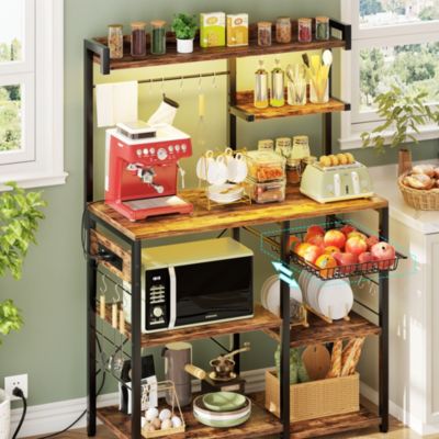 Kitchen Storage Shelf with Hooks, Coffee Bar Station with Power Outlets & LED Light, Bakers Rack with Pull-Out Basket