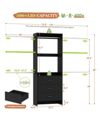 3 Wood Drawers and 4 Retractable Hanging Rods Adjustable Closet System