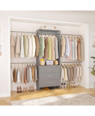 3 Wood Drawers and 4 Retractable Hanging Rods Adjustable Closet System