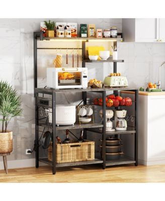 Kitchen Storage Shelf with Hooks, Coffee Bar Station with Power Outlets & LED Light, Bakers Rack with Pull-Out Basket