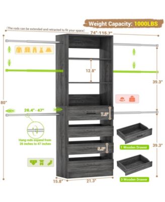 8FT Wall Mounted Closet System with 4 Drawers and 4 Hanging Rods, Garment Rack with Shelves