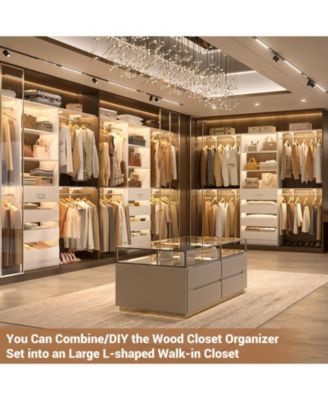 Closet Organizer System with 4 Reversible Shelves, 4 Wood Drawers, and 4 Hanging Rods, 96-Inch Wardrobe Clothes Rack