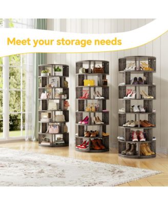 7-Tier Rotating Shoe Rack, 360° Display Wooden Revolving Shoe Rack Tower