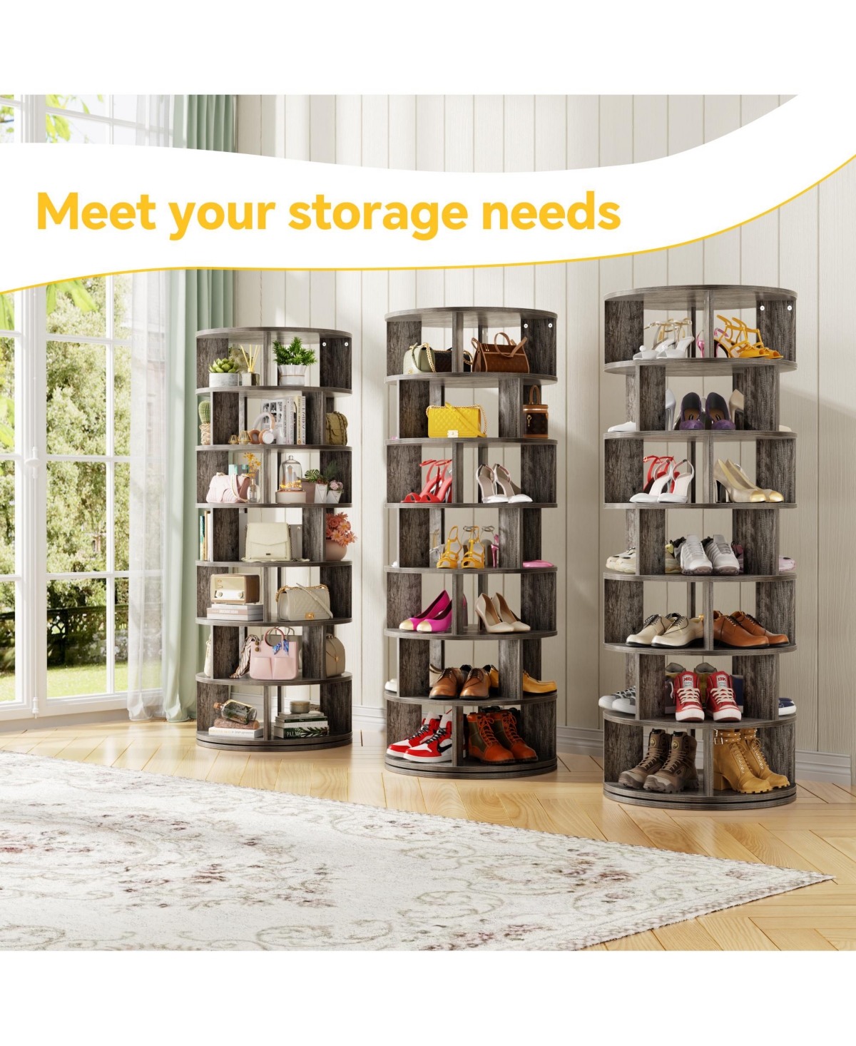7-Tier Rotating Shoe Rack, 360° Display Wooden Revolving Rack Tower