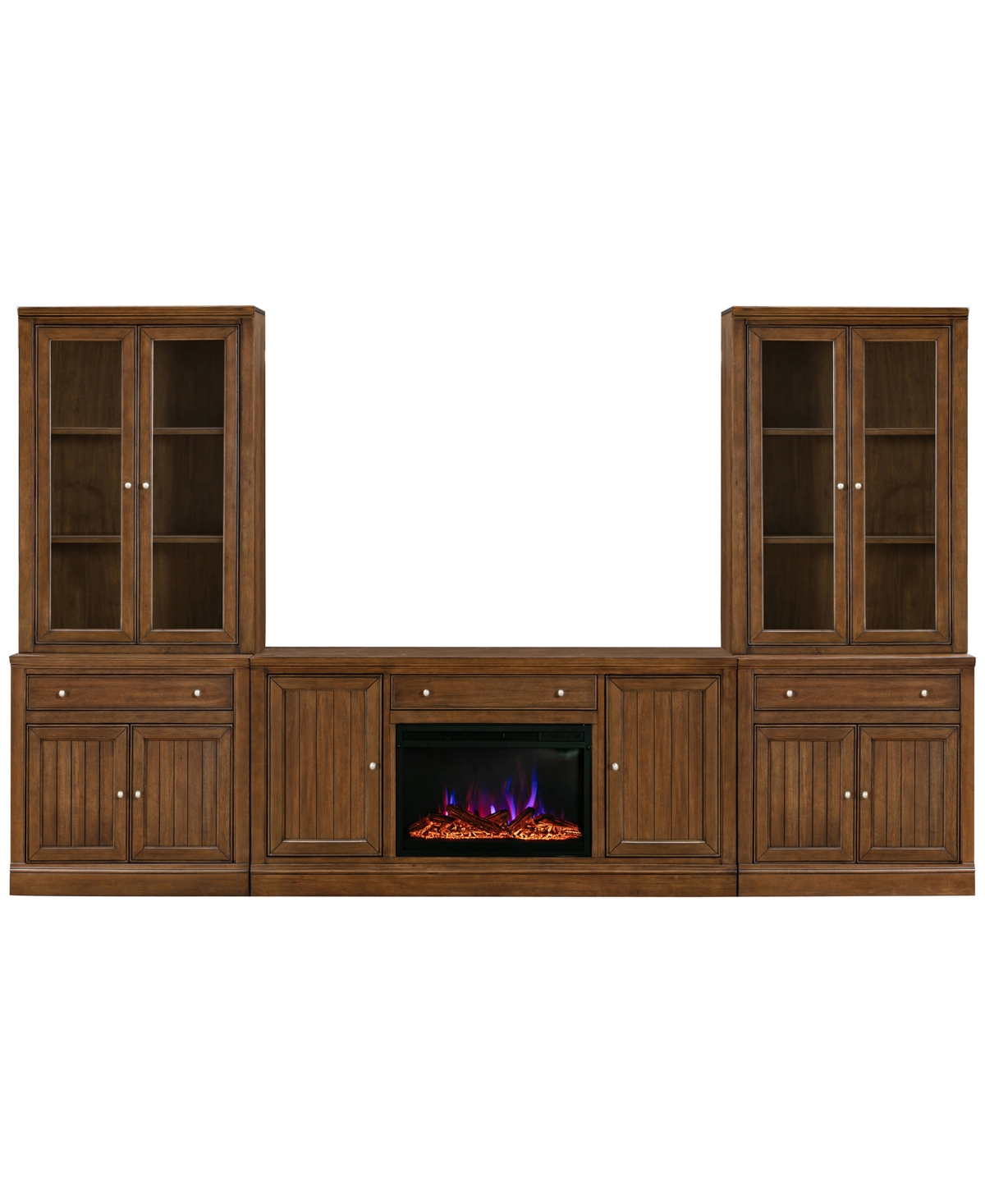 Macy's Amren 65" 2 Door Console And 2 Door Hutches With 2 Door Bases With Drawers And Fireplace Insert In Brown