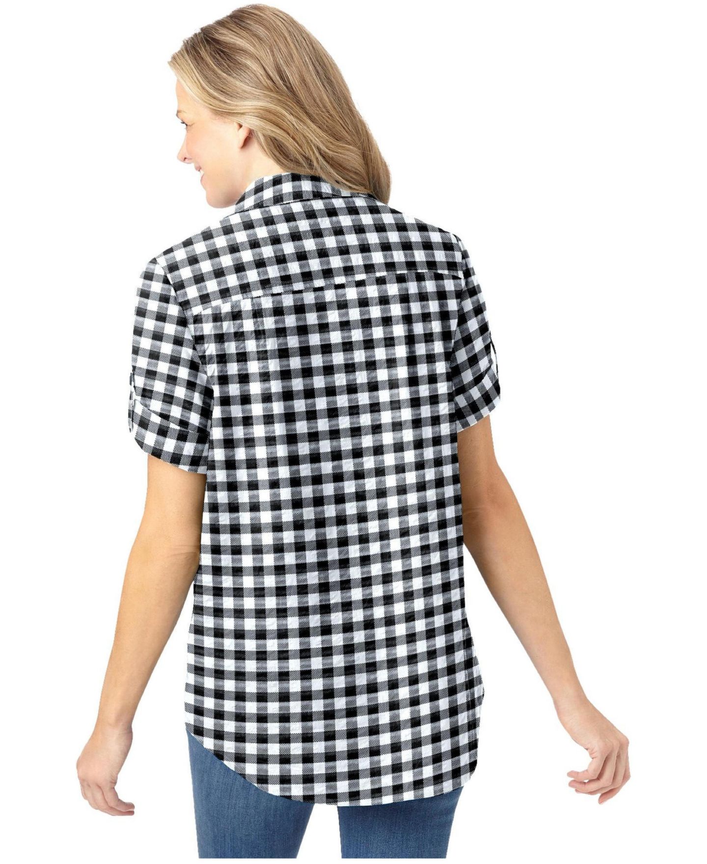 Женская рубашка Woman Within Plus Size Within Short-Sleeve Button-Down Cotton Seersucker, цвет: Чёрный в мелкую клетку — фото 2