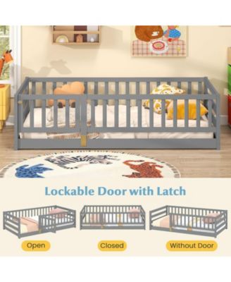 Twin Size Floor Bed w/High Fence & Door Safety Guardrails Wood Floor Bed Frame