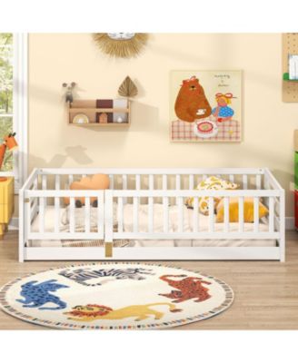 Twin Size Floor Bed w/High Fence & Door Safety Guardrails Wood Floor Bed Frame