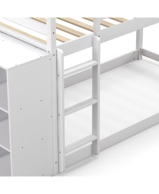 Twin Over Twin Bunk Bed Wood Frame Storage Shelves Ladder Guardrails Kids