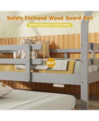 Twin Size House Bed w/ Trundle Wooden Kids Bed w/ Safety Rails & Decorable Roof