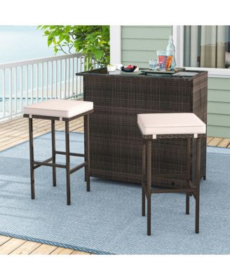 3 Pieces Patio Bar Set PE Wicker Outdoor Bar Table & Stools Set w/ Removable Cushions