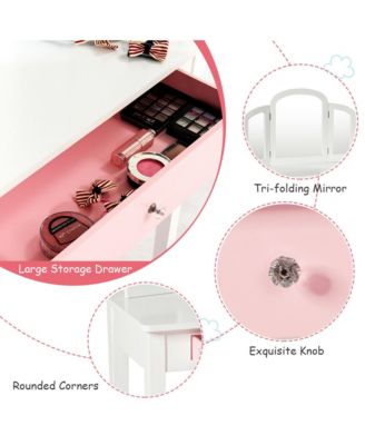 Kids Vanity Set with Tri-Folding Mirror and Chair – Princess Style Makeup Dressing Table