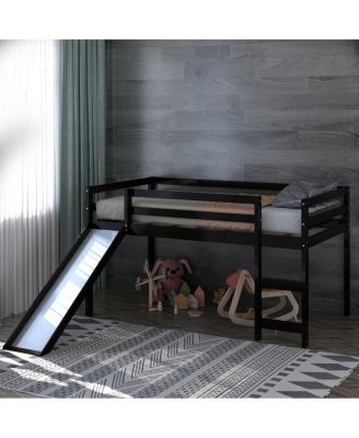 Twin Size Loft Bed with Slide Wood Low Sturdy Loft Bed Bedroom