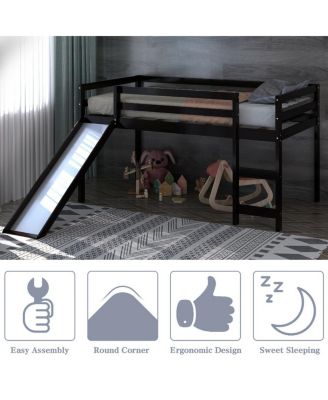 Twin Size Loft Bed with Slide Wood Low Sturdy Loft Bed Bedroom