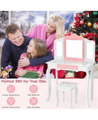 Kids Vanity Princess Makeup Dressing Table Chair Set W/ Tri-folding Mirror