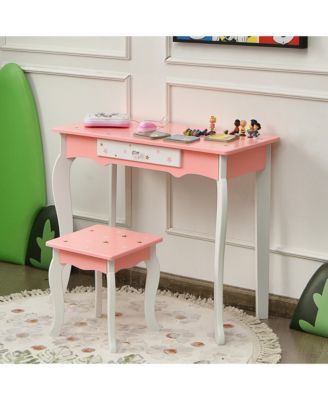 Kids Vanity Princess Makeup Dressing Table Chair Set W/ Tri-folding Mirror
