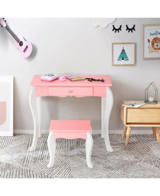 Kids Vanity Princess Makeup Dressing Table Stool Set W/ Mirror Drawer