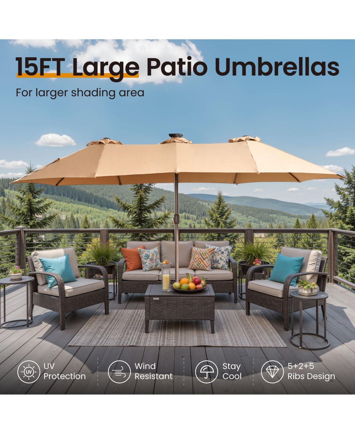 Xizzi 15ft Solar Umbrella Smart Led Lighted Patio Umbrella,12 Heavy Duty Ribs Large Outdoor Double Sided Rectangle with Light Modes and Base