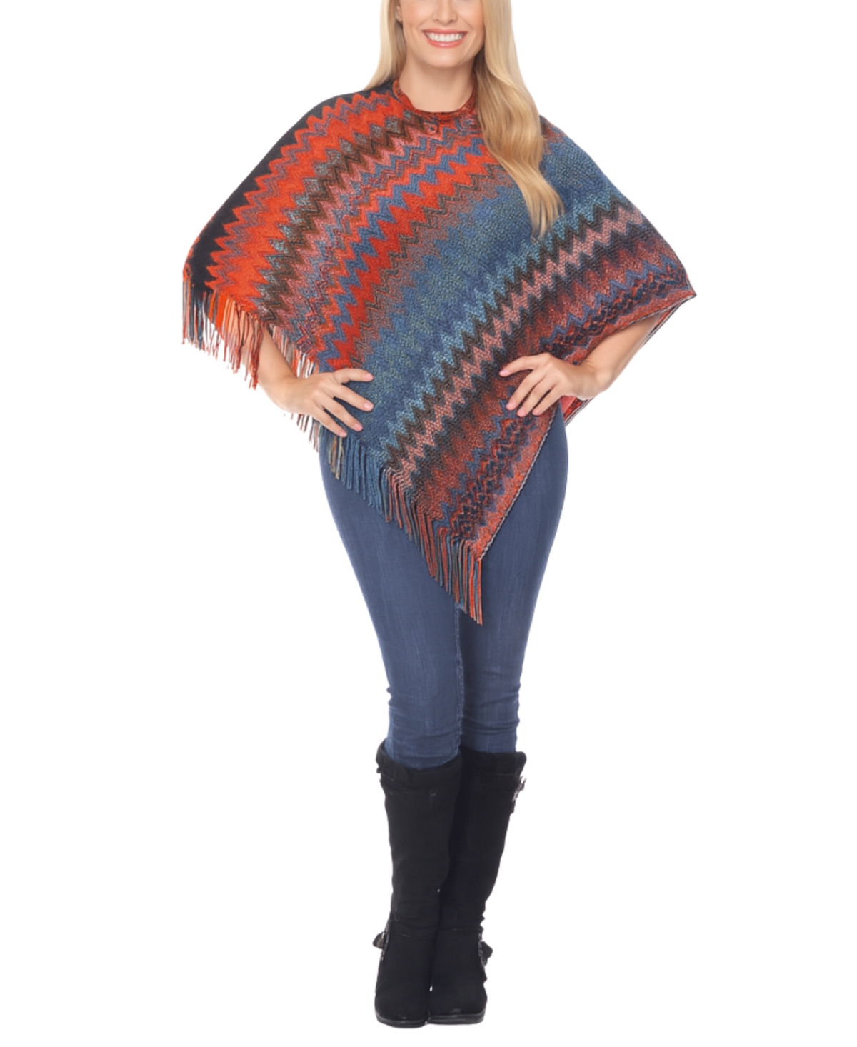 White Mark Women's Chevron Knit Fringed Hem Poncho Sweater In Multi