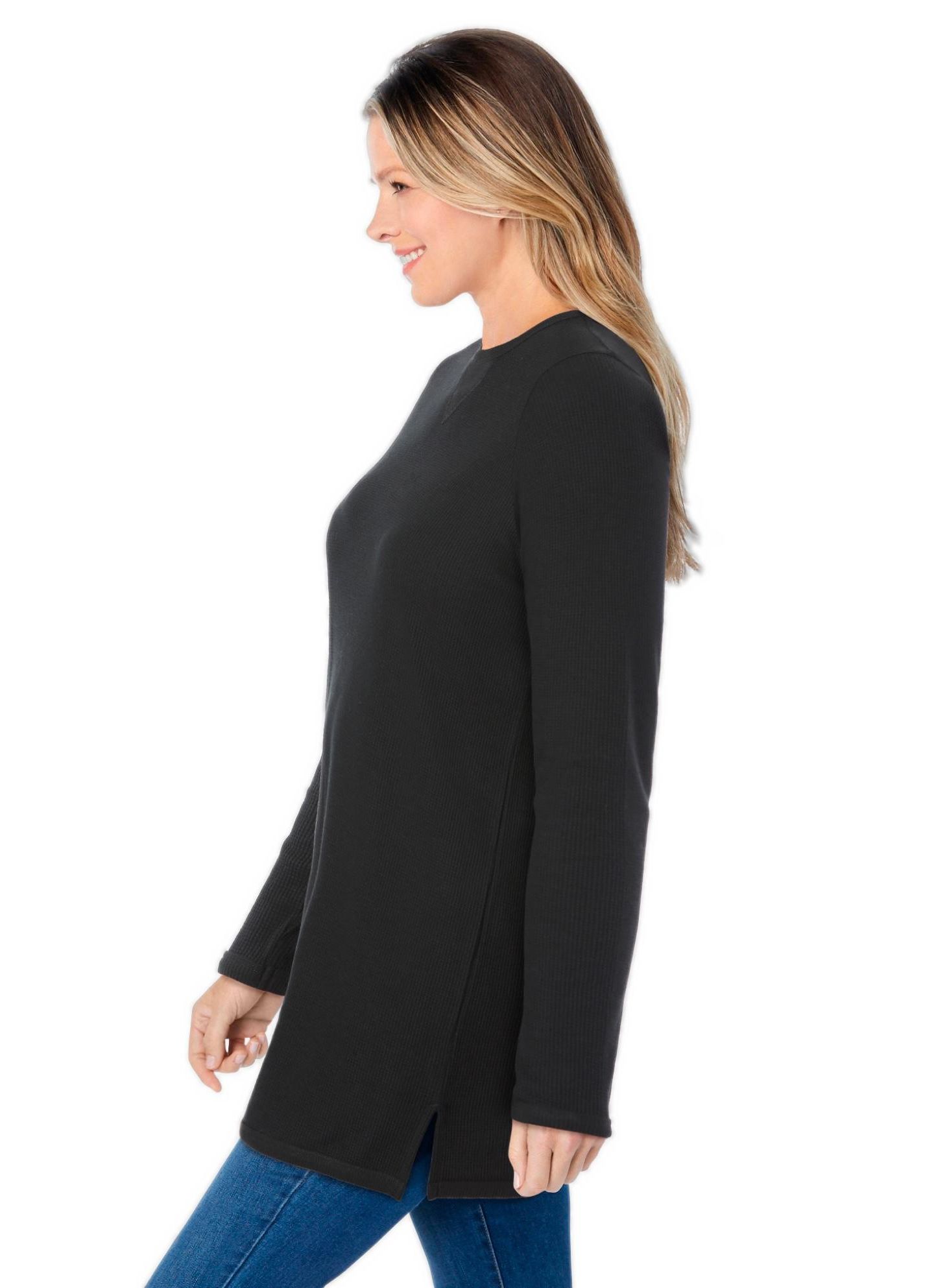 Женская рубашка Woman Within Plus Size Within Long-Sleeve Crewneck Soft Waffle Knit Thermal, цвет: Чёрный — фото 3