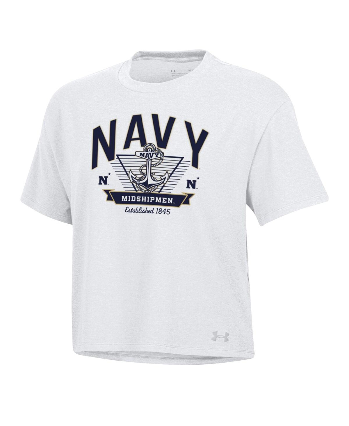 Under Armour Women's White Navy Midshipmen Essentials Icon Ultra-soft Tri-blend Boxy Cropped T-shirt In White