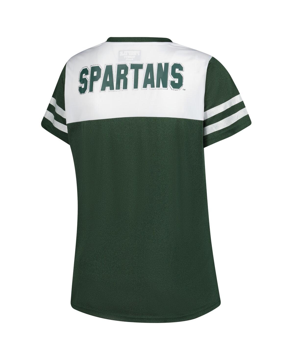 Fanatics Women's White Michigan State Spartans Plus Size Rhinestone Glitter Sleeve Stripe V-neck T-shirt In White