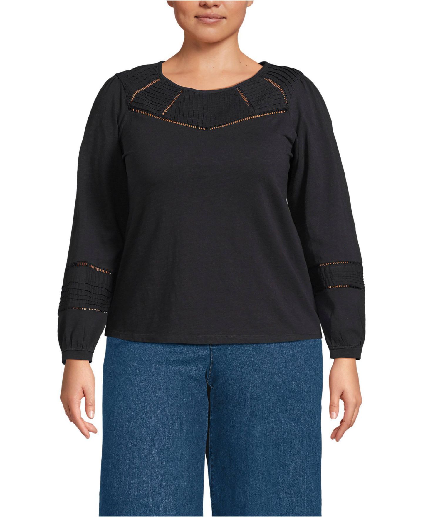 Женский топ Lands' End Plus Size Long Sleeve Slub Pintuck, цвет: Чёрный — фото 1
