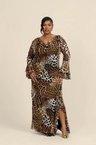 plus size leopard print dress Ashley Graham Bias Satin Women's Sleeveless Animal Slip | White | Plus 3X Featuring a printed design with a half placket and button fastenings Fashion-szn Curve Women's Ruffle Leopard