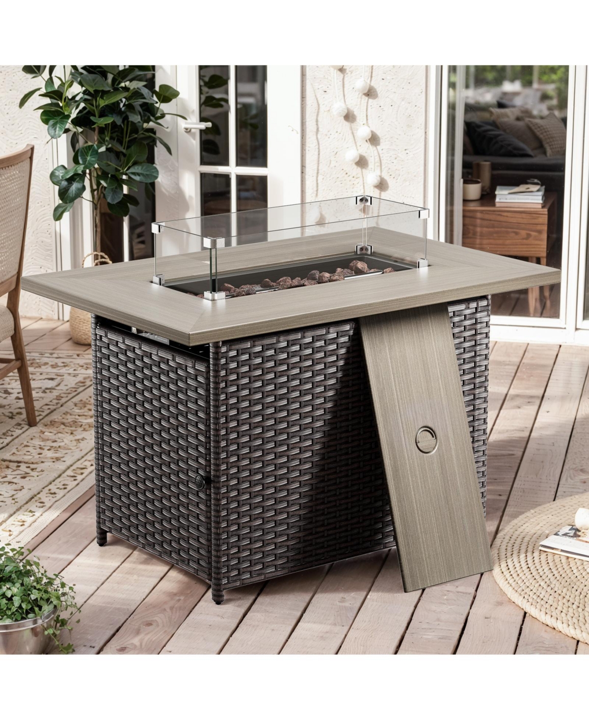 Gymojoy Brown/Gray Wicker Outdoor Rectangular 50,000 Btu Propane Gas Fire Pit Table with Lid