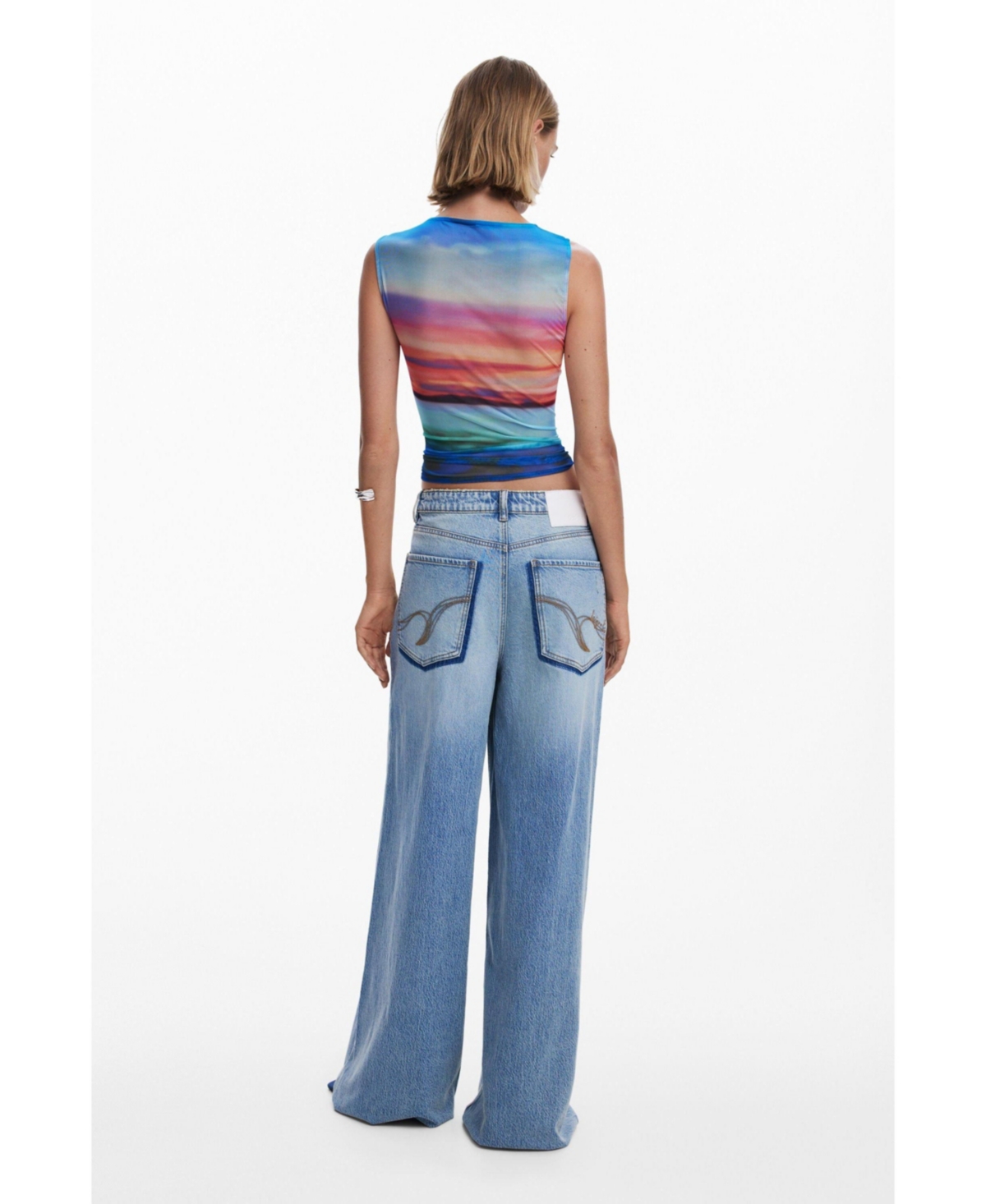 Desigual Shadow Pocket Wide Leg Jeans In Blue