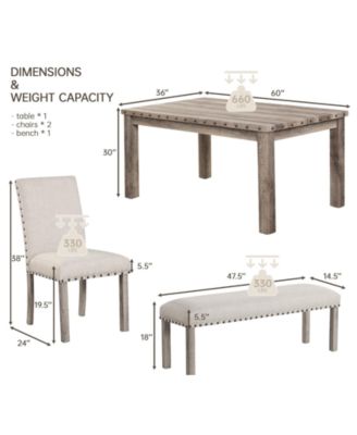 Farmhouse Dining Table Set for 4, Rustic Wooden Kitchen Table with Upholstered Bench & Chairs, Country Style Dinner Set