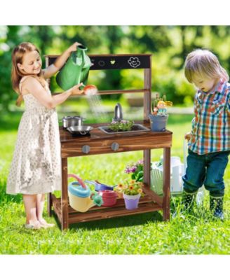 Kids Mud Kitchen Play Kitchen with Blackboard, Stoves, Removable Sink