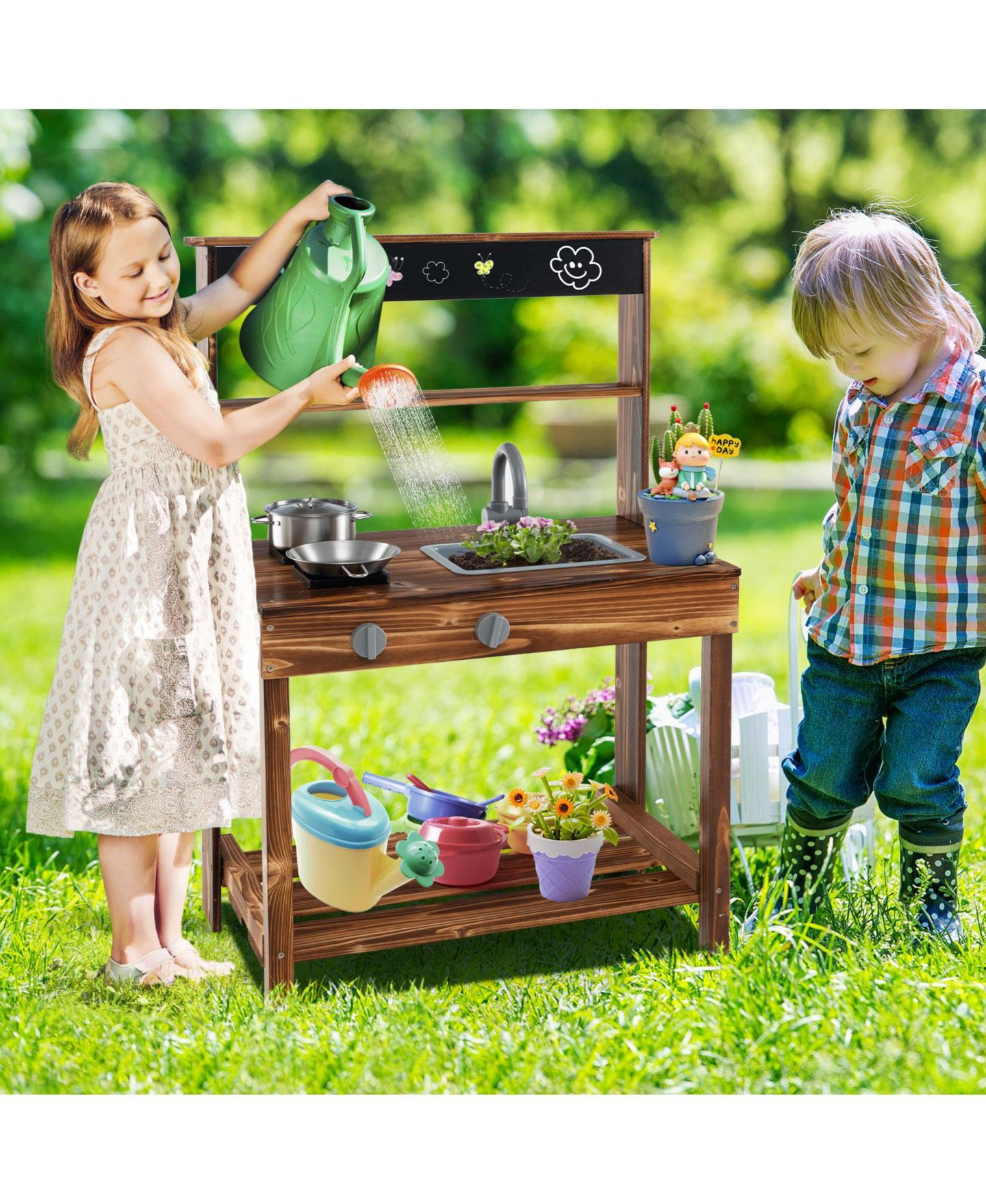 Детские игрушки Costway Removable-Sink 3-Piece Mud Kitchen, Ages 3+, цвет: Натуральный — фото 2