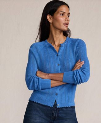 Women's Cotton Pointelle Satin Trim Cardigan Sweater