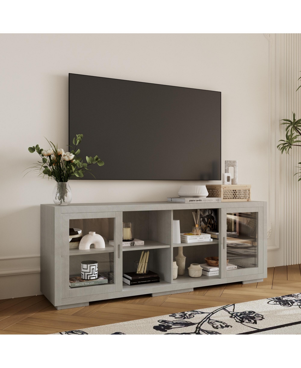 Solid Wood Tv Stand with 4 Sliding Tempered Glass Doors,Media Console