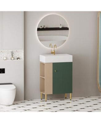Open Shelving Bathroom Vanity with Ceramic Sink and Soft-Closing Door