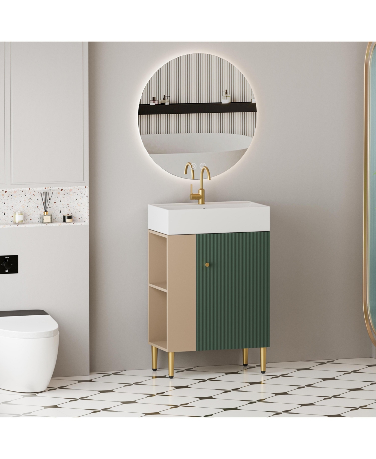 Slickblue Open Shelving Bathroom Vanity with Ceramic Sink and Soft-Closing Door