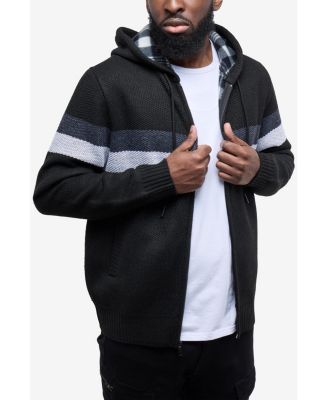 Men's Hooded Fleece Lined Full Zip Sweater With Stripes