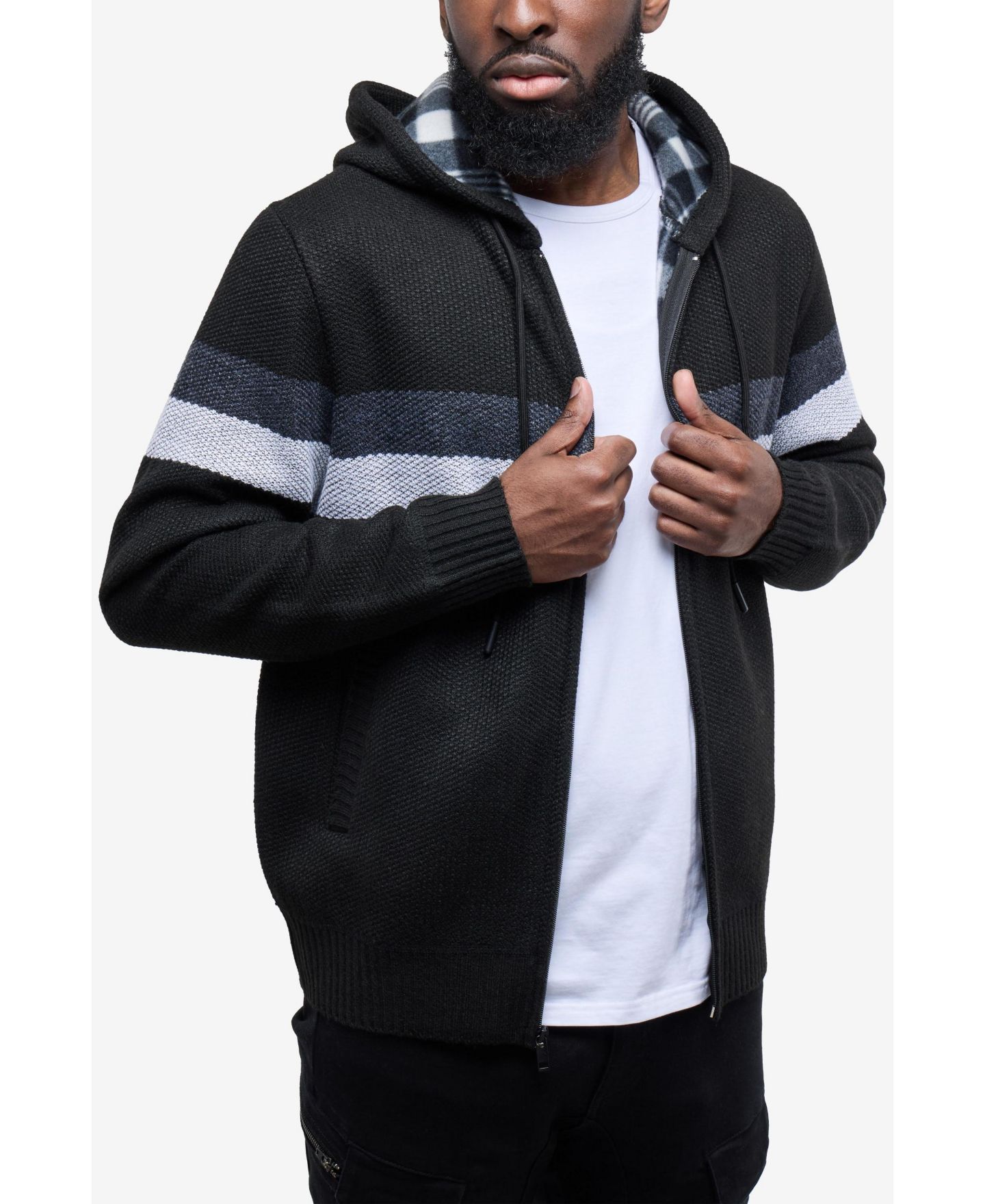 Мужской свитер CULTURA Hooded Fleece Lined Full Zip Sweater With Stripes, цвет: Чёрный / Угольный — фото 5