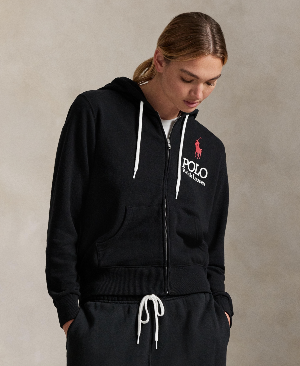 Polo Ralph Lauren Women's Big Pony Lightweight Fleece Zip Hoodie Sweatshirt In Black
