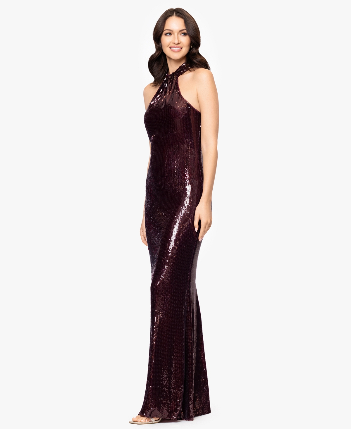 Betsy & Adam Women's Long Sequined Halter Neck Gown In Burgundy