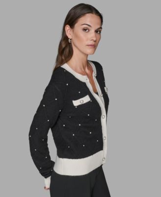 Petite Crew Neck Front-Button Cardigan Sweater