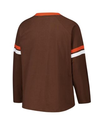 Women's Brown Cleveland Browns Plus Size Won Done Lace-Up V-Neck Long Sleeve T-Shirt