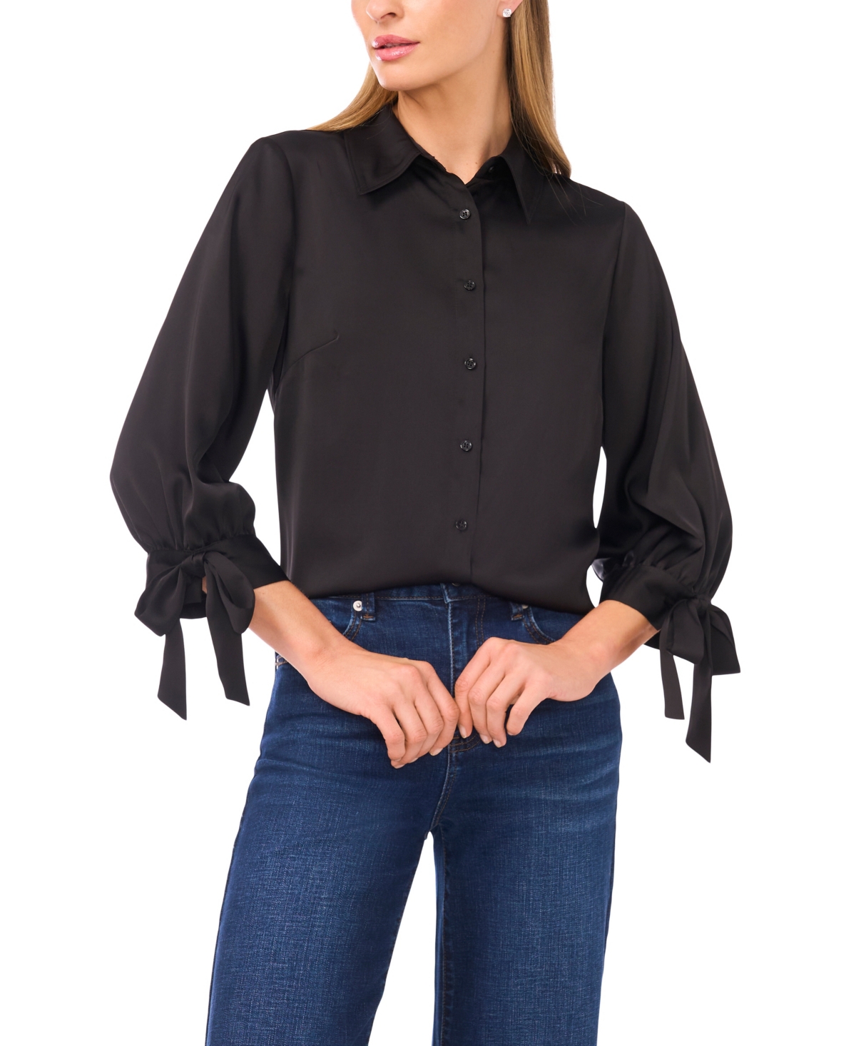 Cece Women's 3/4-sleeve Tie Cuffs Button-down Blouse In Black