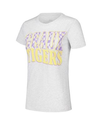 Women's Heather Gray LSU Tigers Checkered Team Name Wavy Tri-Blend T-Shirt